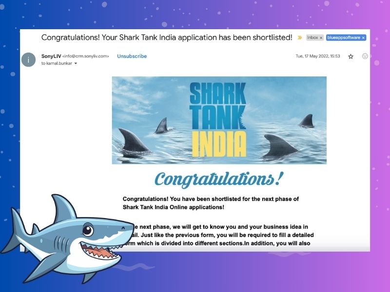 Blueapp Software was shortlisted for sony live shark tank india session 2